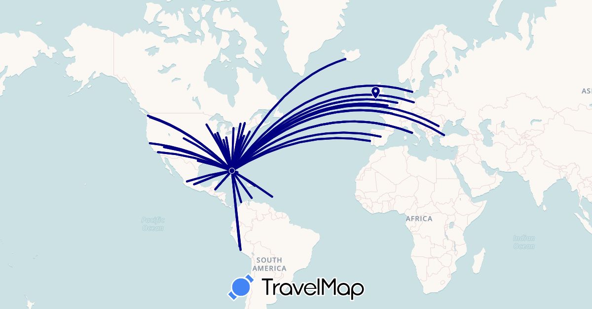 TravelMap itinerary: driving in Barbados, Bahamas, Belize, Canada, Colombia, Germany, Denmark, Dominican Republic, Spain, France, United Kingdom, Ireland, Iceland, Italy, Mexico, Netherlands, Peru, Portugal, Romania, Turkey, United States, Vatican City (Asia, Europe, North America, South America)